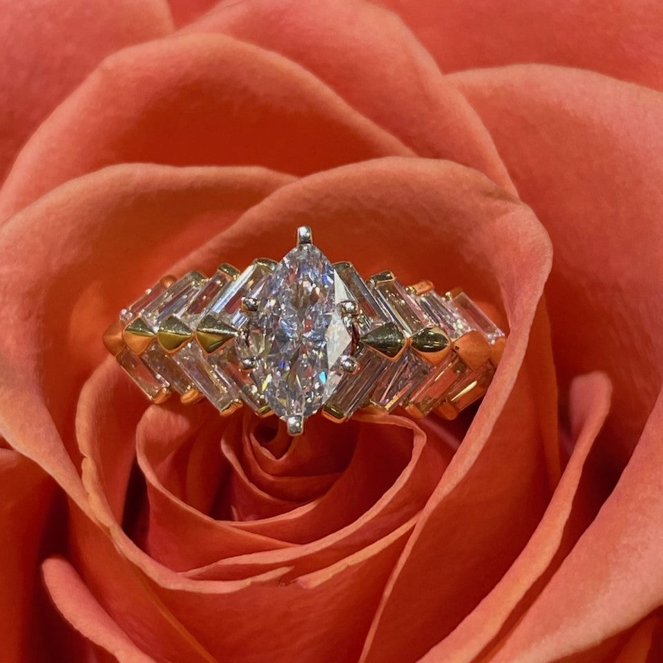 14K Yellow Gold Chevron Design Diamond Engagement Ring With A Marquise Diamond