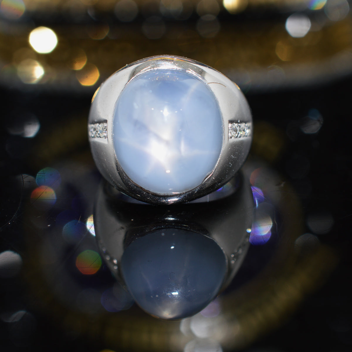 14K White Gold Genuine Star Sapphire and Diamond Ring
