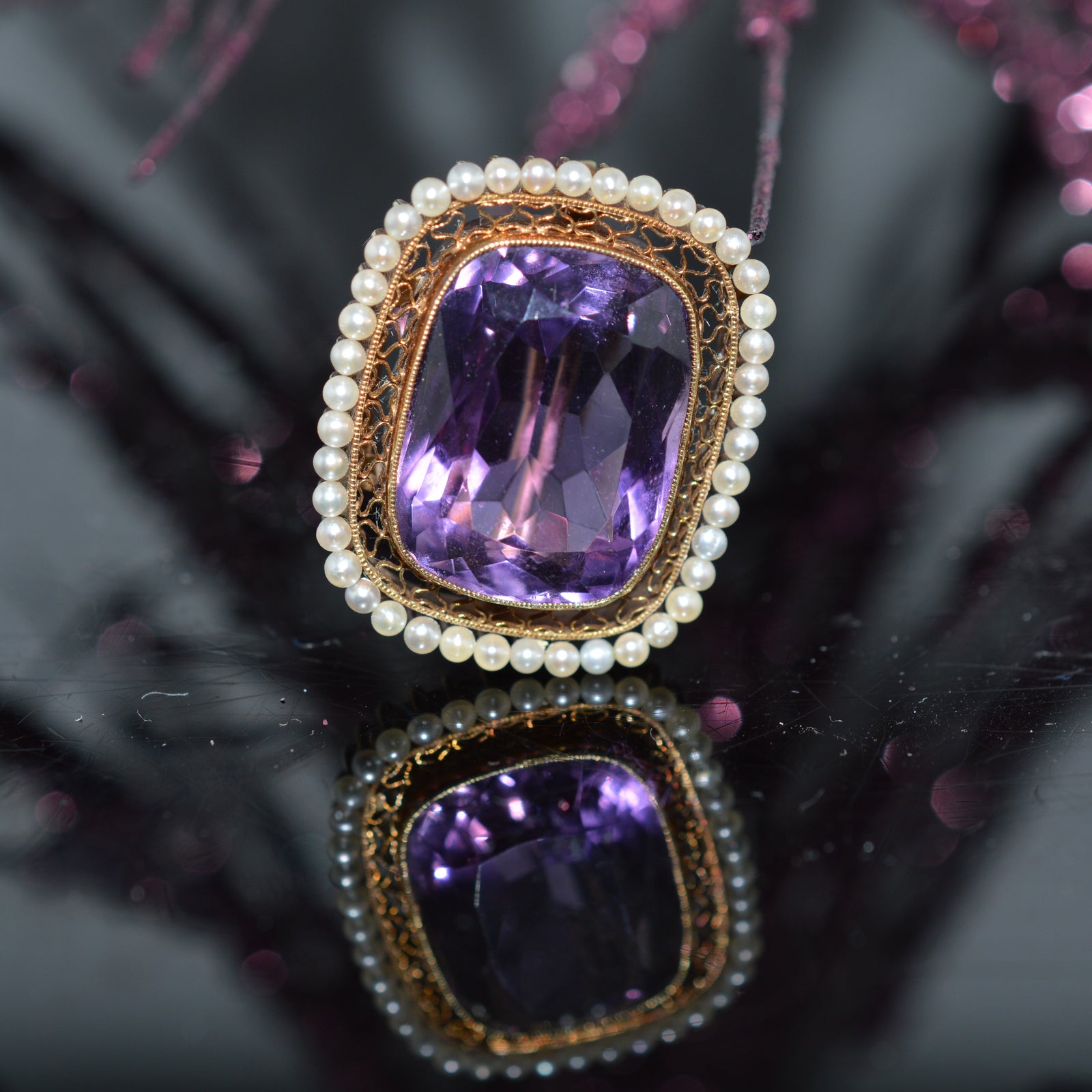 Beautiful Antique 14K Gold Amethyst & Seed Pearl Pin/Pendant