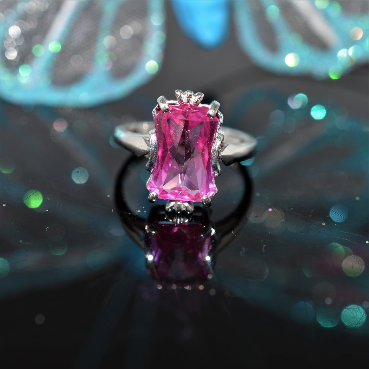 10K White Gold Antique Syn Pink Sapphire Ring