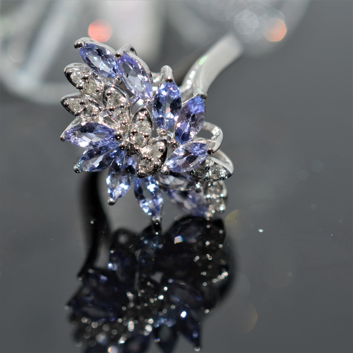 10K White Gold Marquise Tanzanite And Diamond Cluster Ring