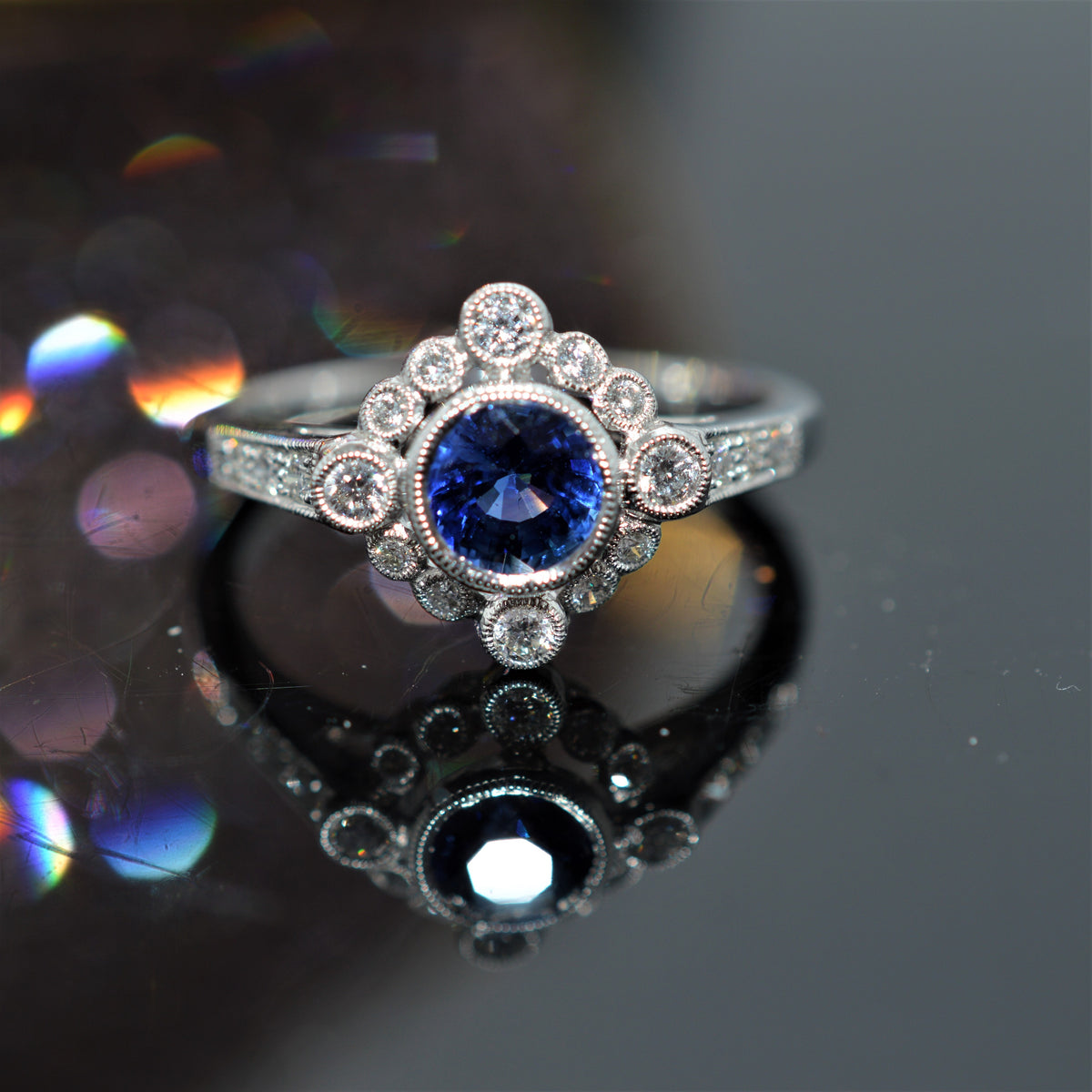 14K White Gold Blue Sapphire And Diamond Ring