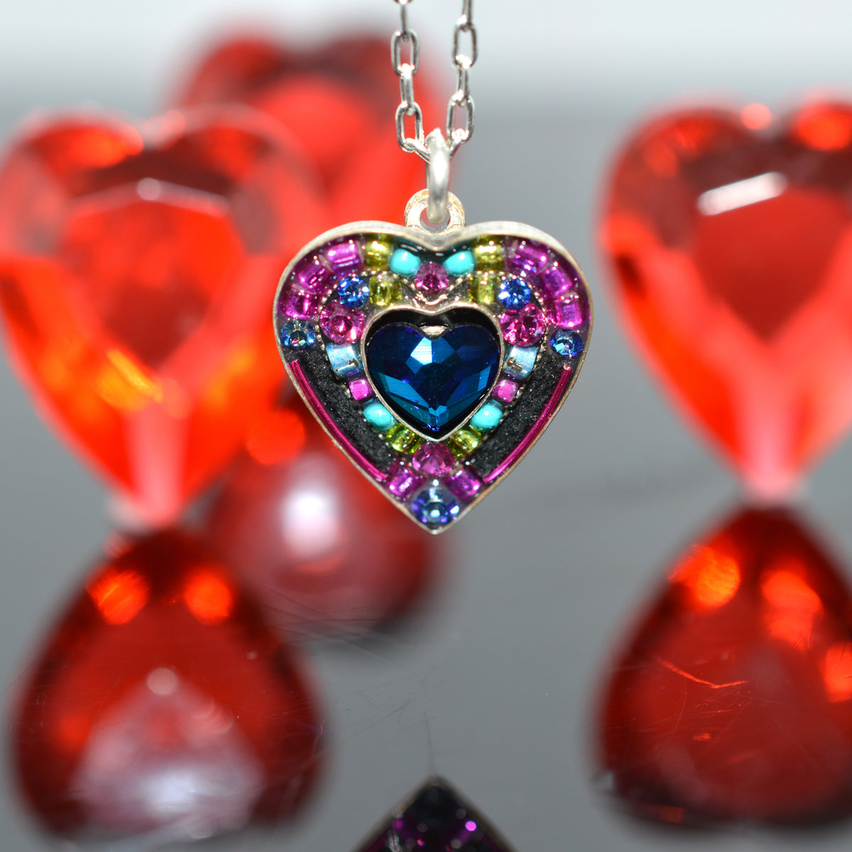 Antique Silver Plated Bermuda Blue Crystal Heart Pendant by Firefly