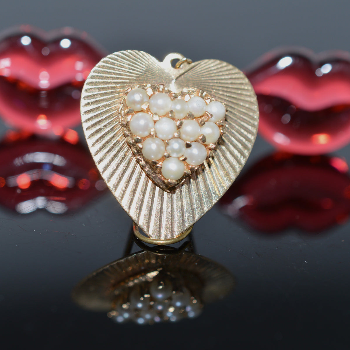 14K Yellow Gold Large Heart Shape Charm With Pearl Cluster