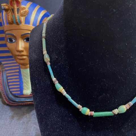 Ancient Egyptian Faience Bead Necklace with Green Yellow Glass Beads
