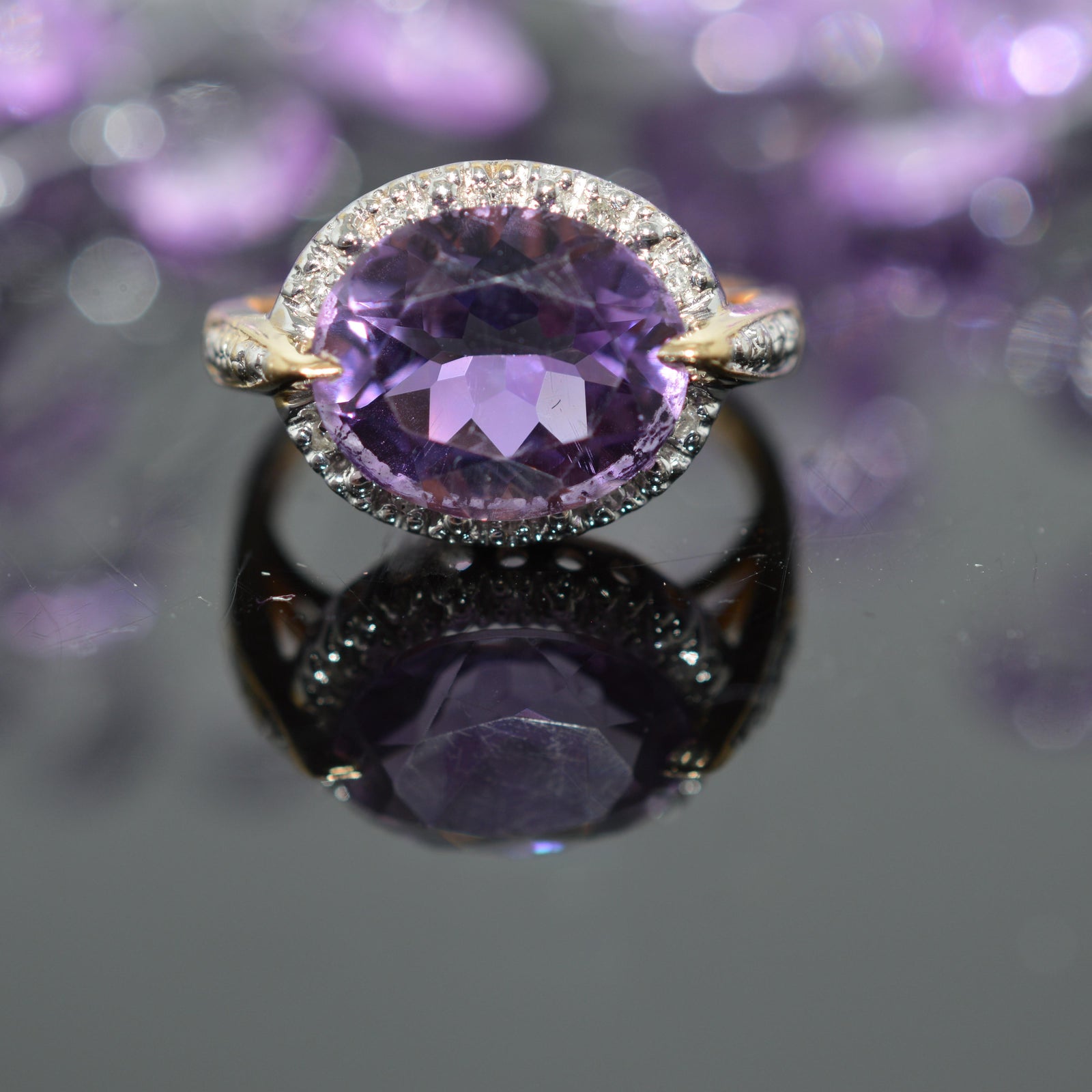 10K Yellow Gold Ring With Diamonds And Sideways Set Oval Amethyst