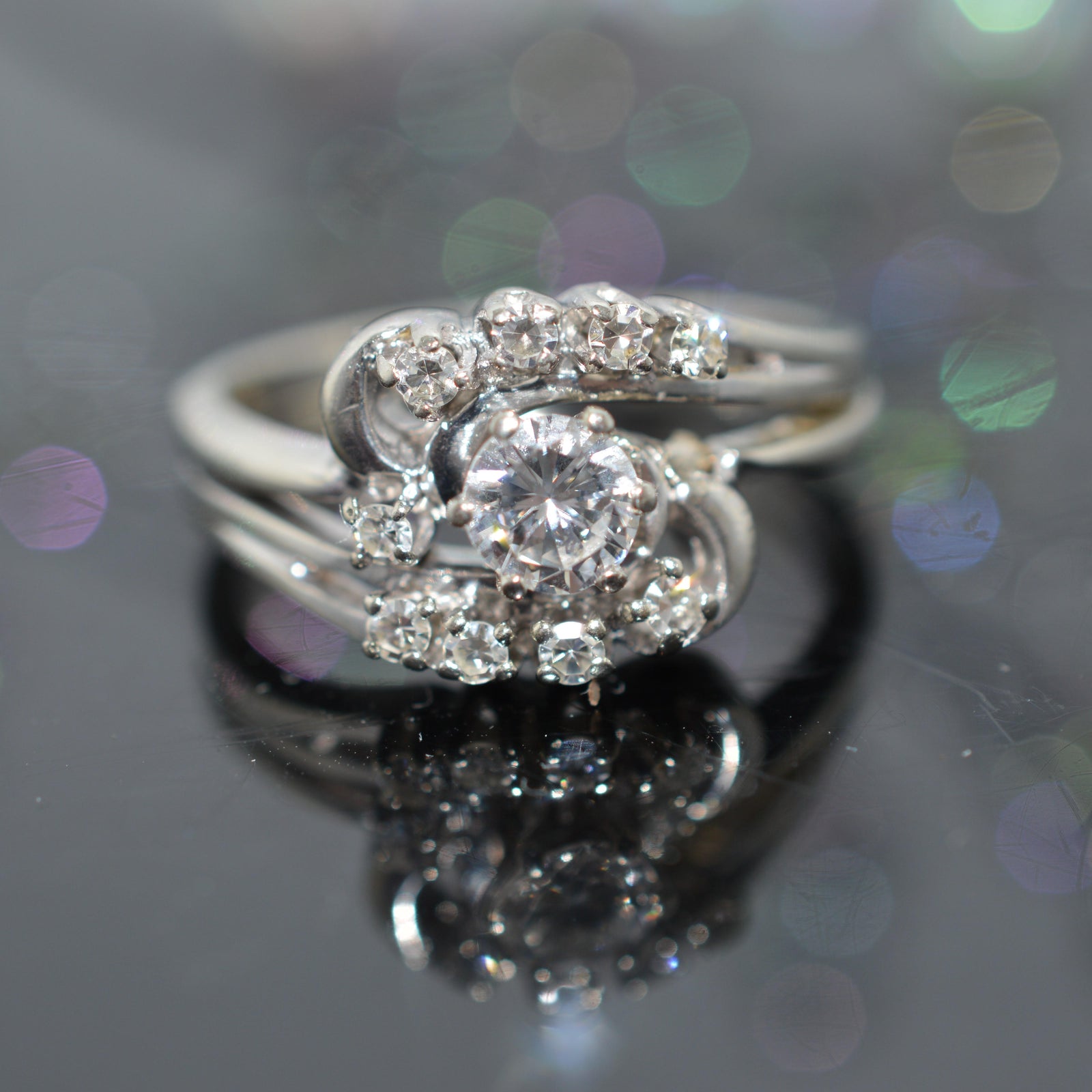 14K White Gold Diamond 2 Piece Engagement Ring Set Welded Together