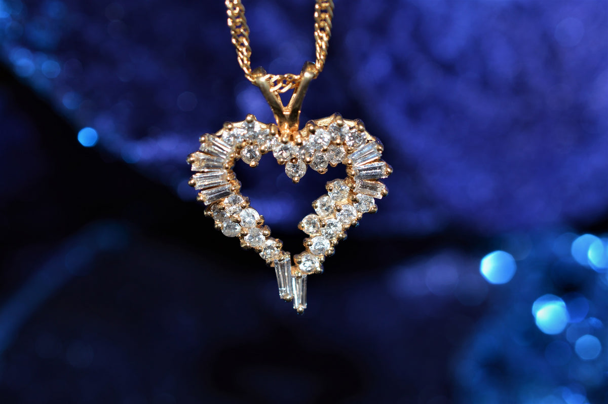 14K Yellow Gold Baguette Diamond Heart Pendant 16&quot; Chain