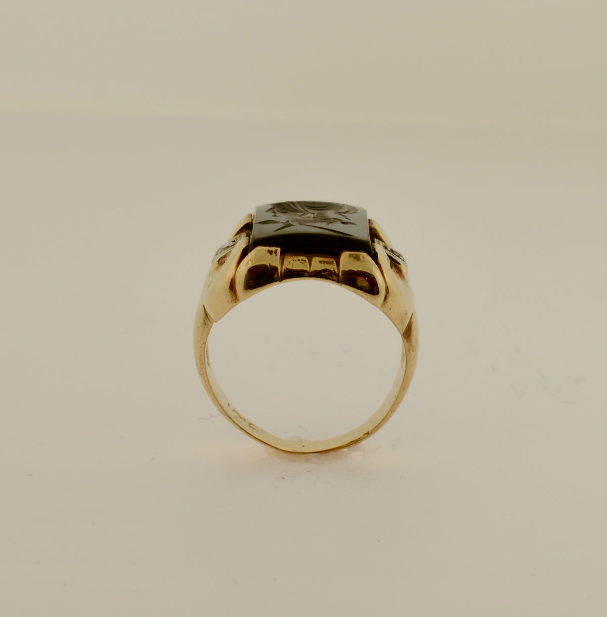 10 Karat Men&#39;s Hematite Intaglio and Diamond Gold Ring