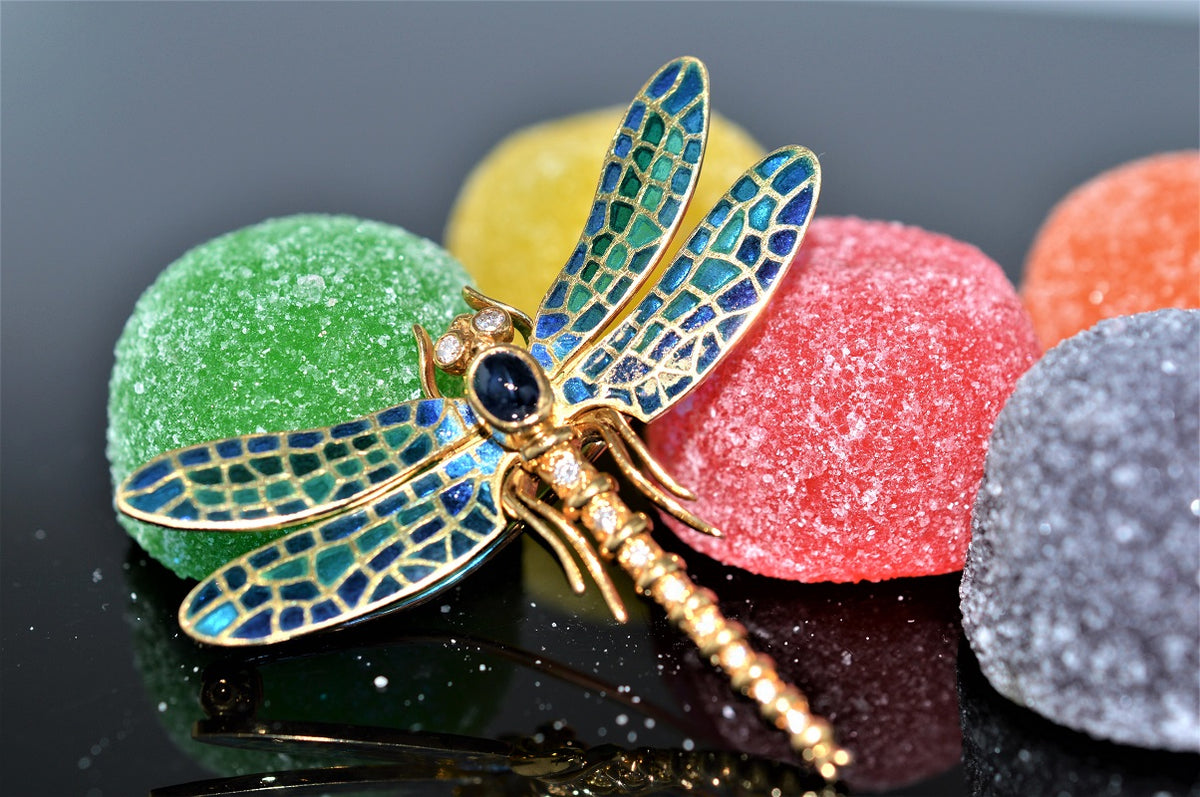 18K Yellow Gold Blue And Green Handcrafted Dragonfly Brooch