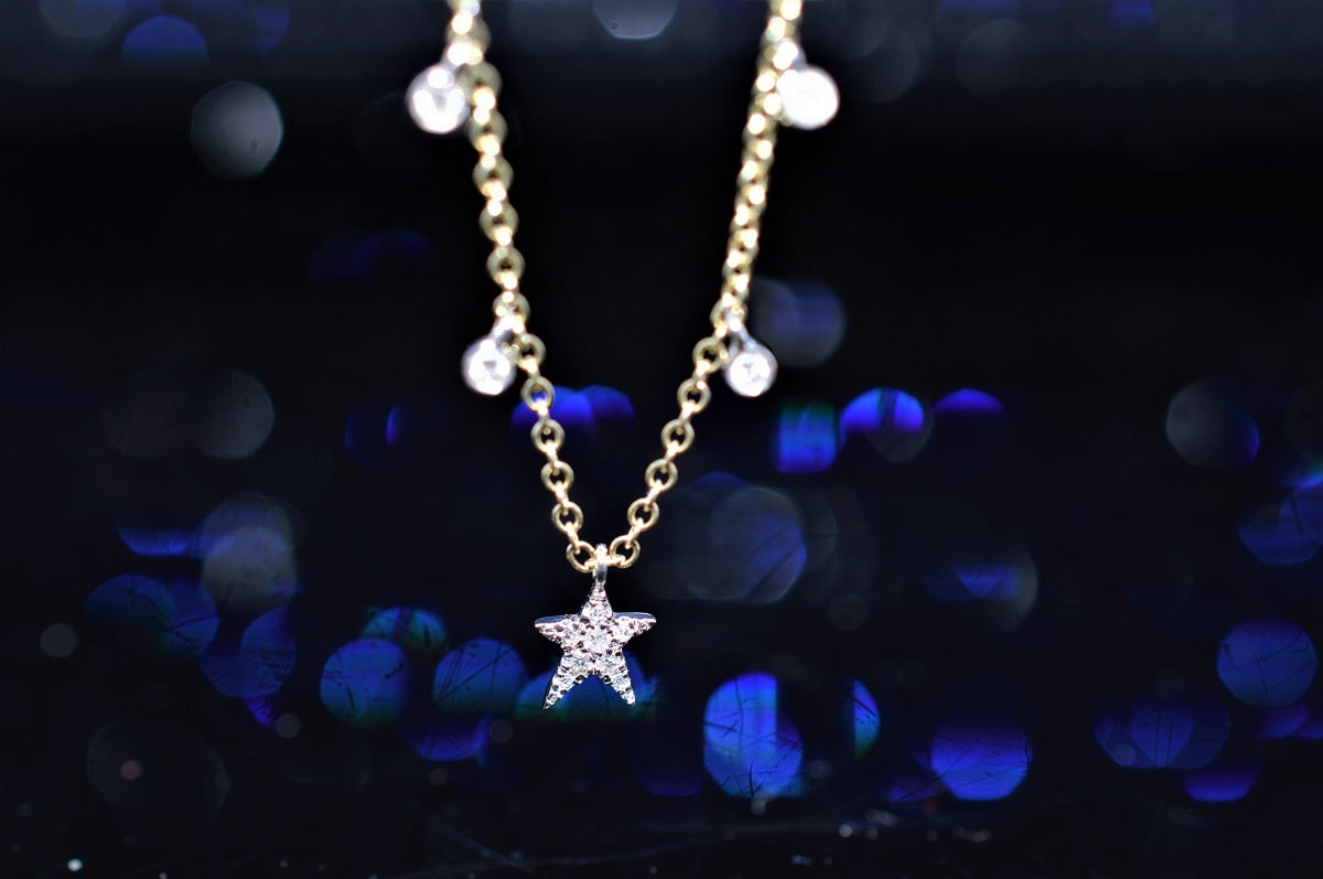 14K Yellow Gold Adjustable Diamond Star and Charm Necklace