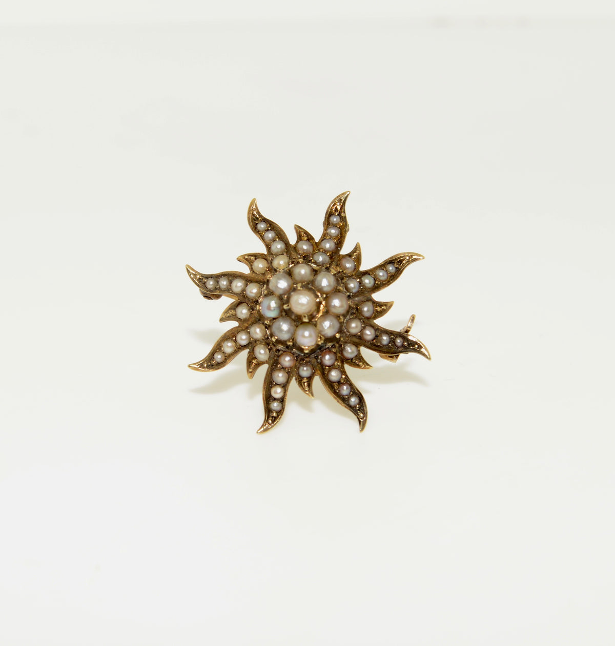 14K Yellow Gold Antique Sunburst Brooch with Seed Pearls
