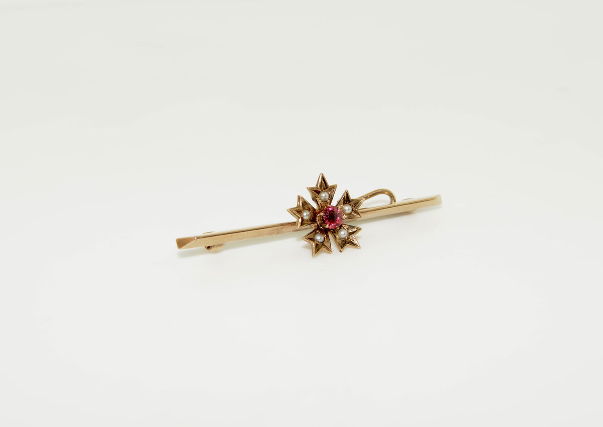 10K and 14K Antique Rose Cut Ruby and Pearl Gold Bar Brooch