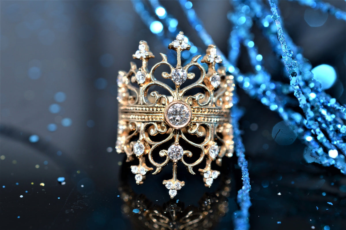 14K Yellow Gold Diamond Double Crown Gold Fashion Ring
