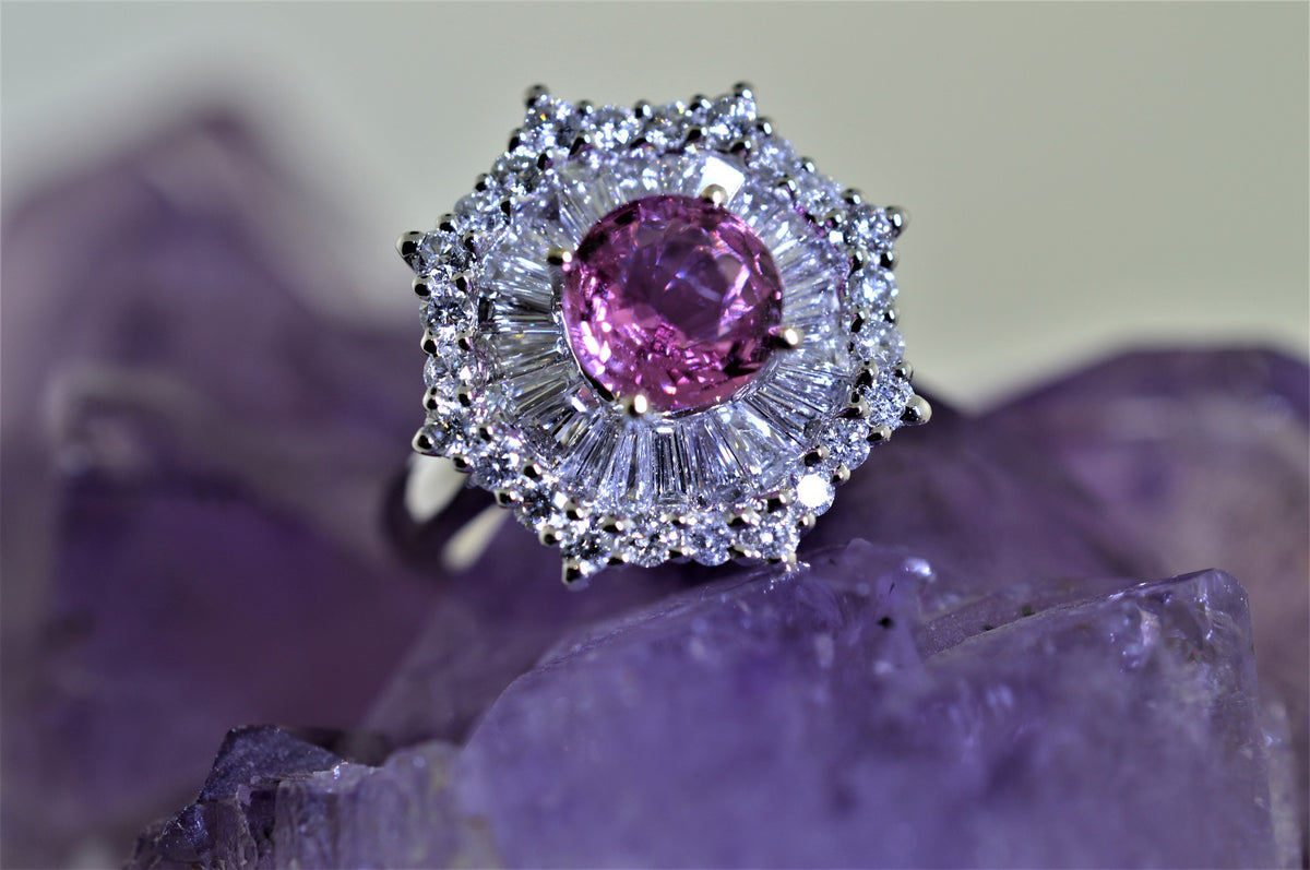 18K White Gold Diamond and Round Pink Sapphire Ring