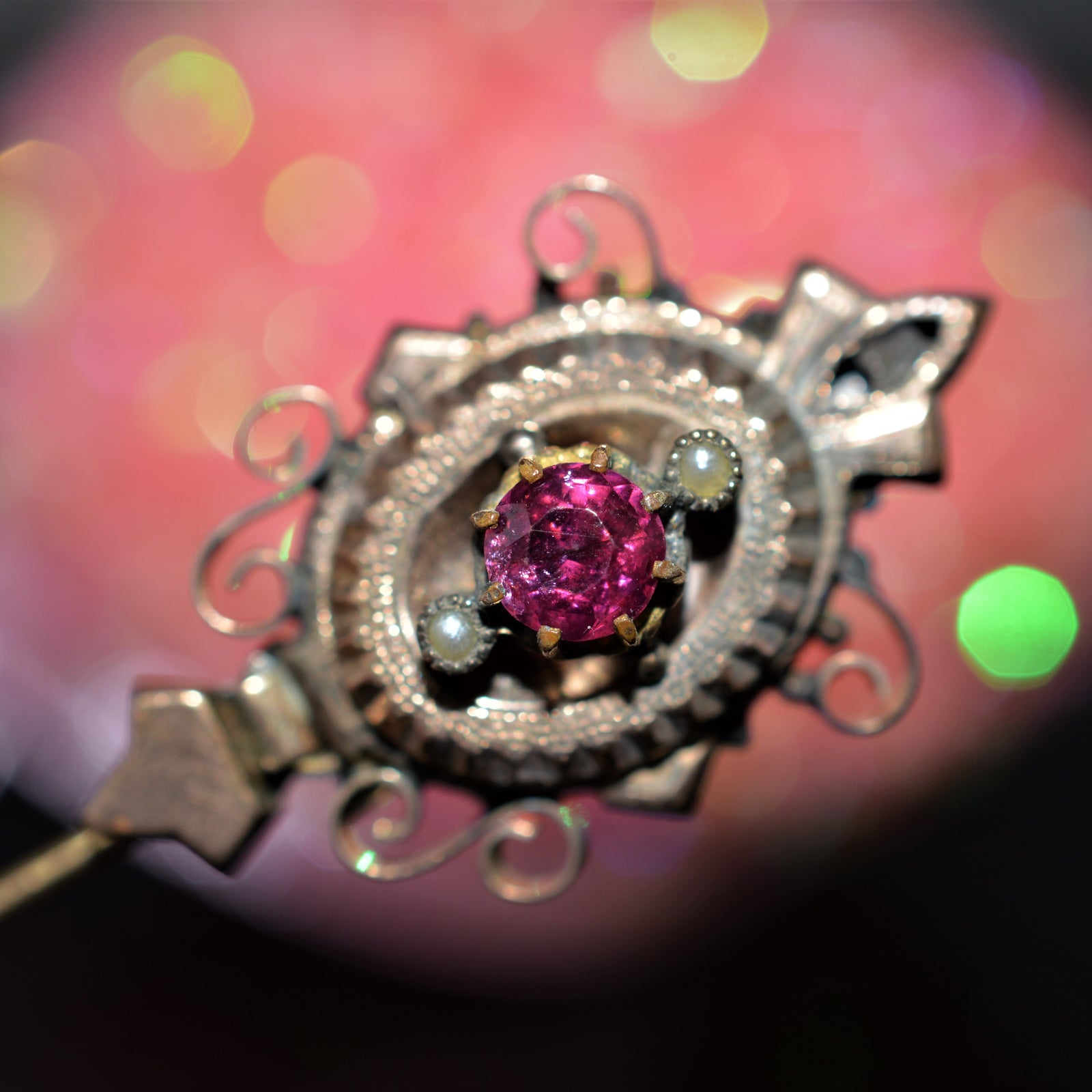 14K Yellow Gold Stick Pin with Pearls and Pink Tourmaline