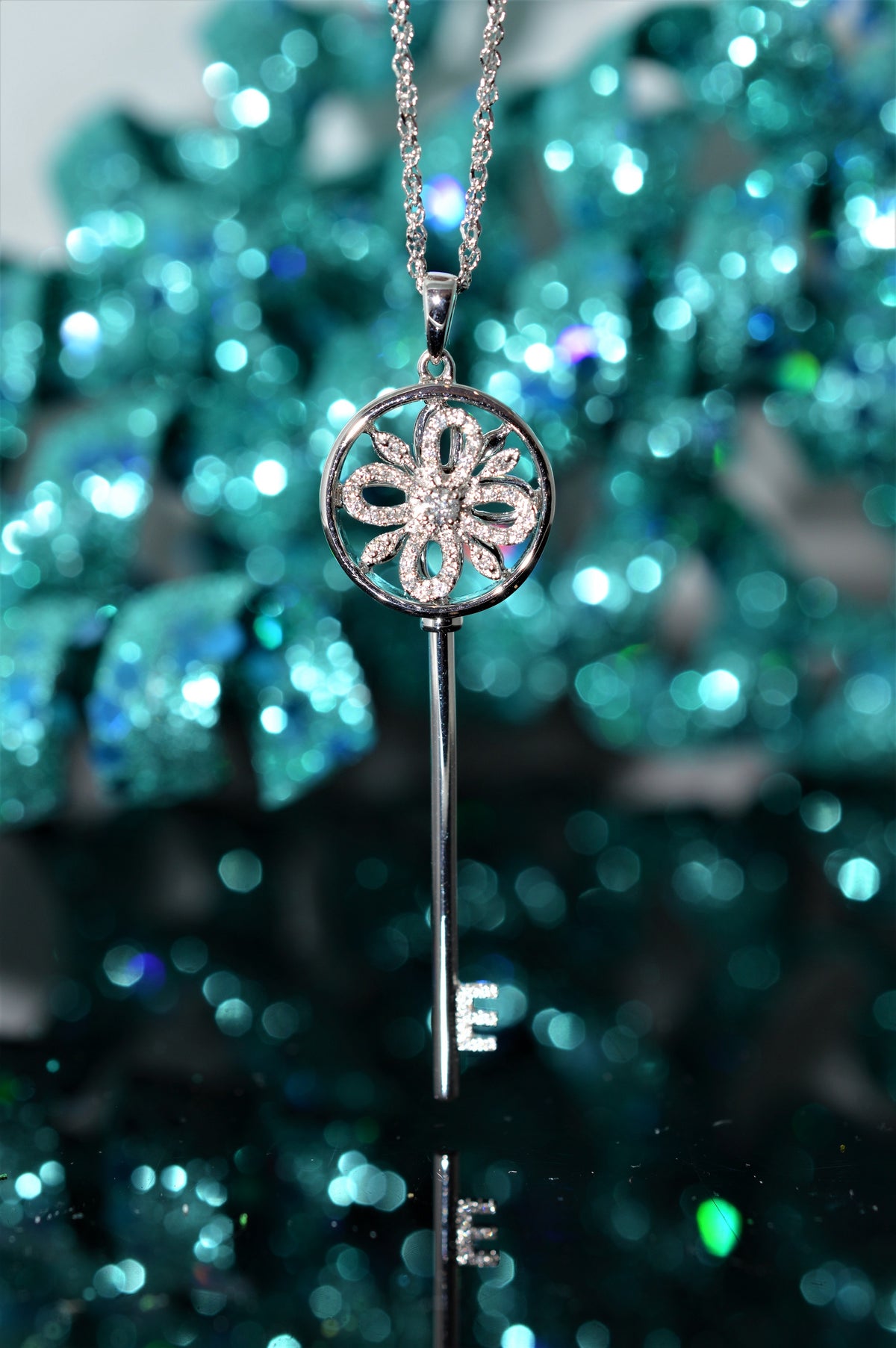 18K White Gold Diamond Spinner Key Necklace on a 14K Chain