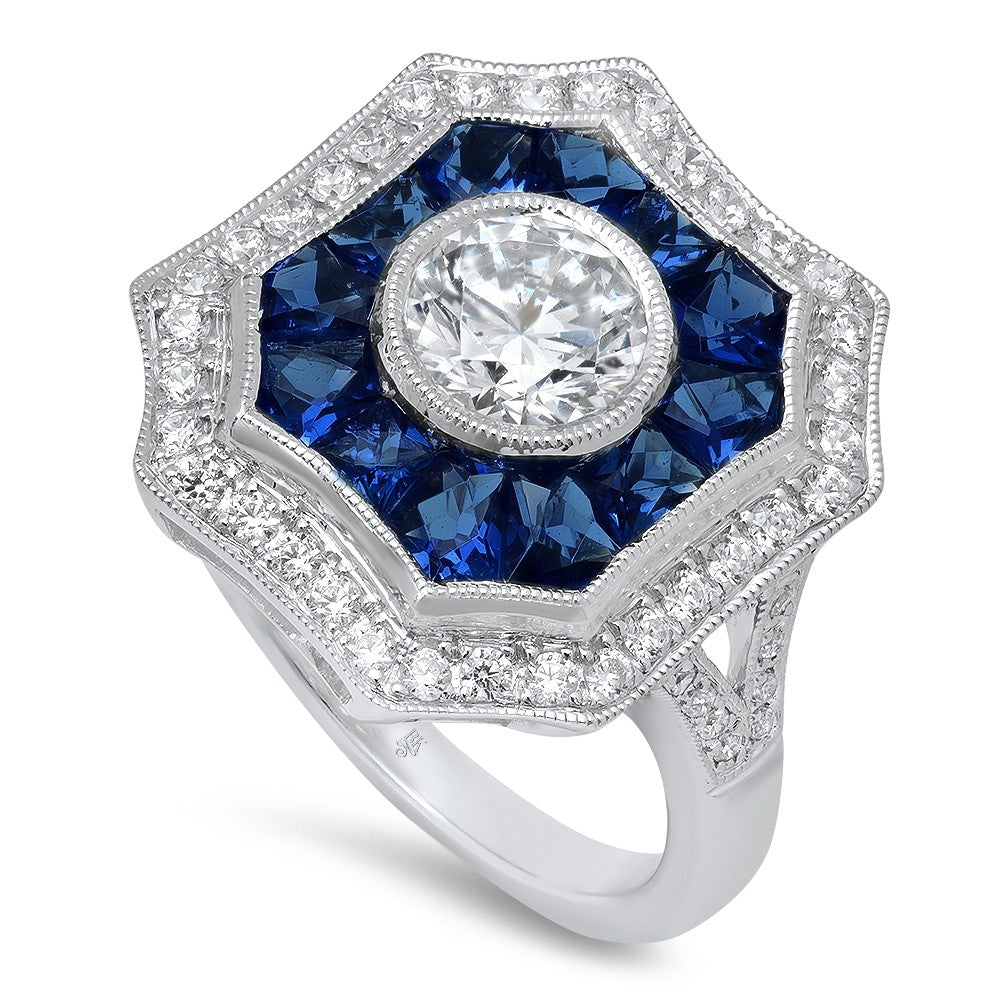 Ladies 18K White Gold Art Deco Diamond And Sapphire Ring
