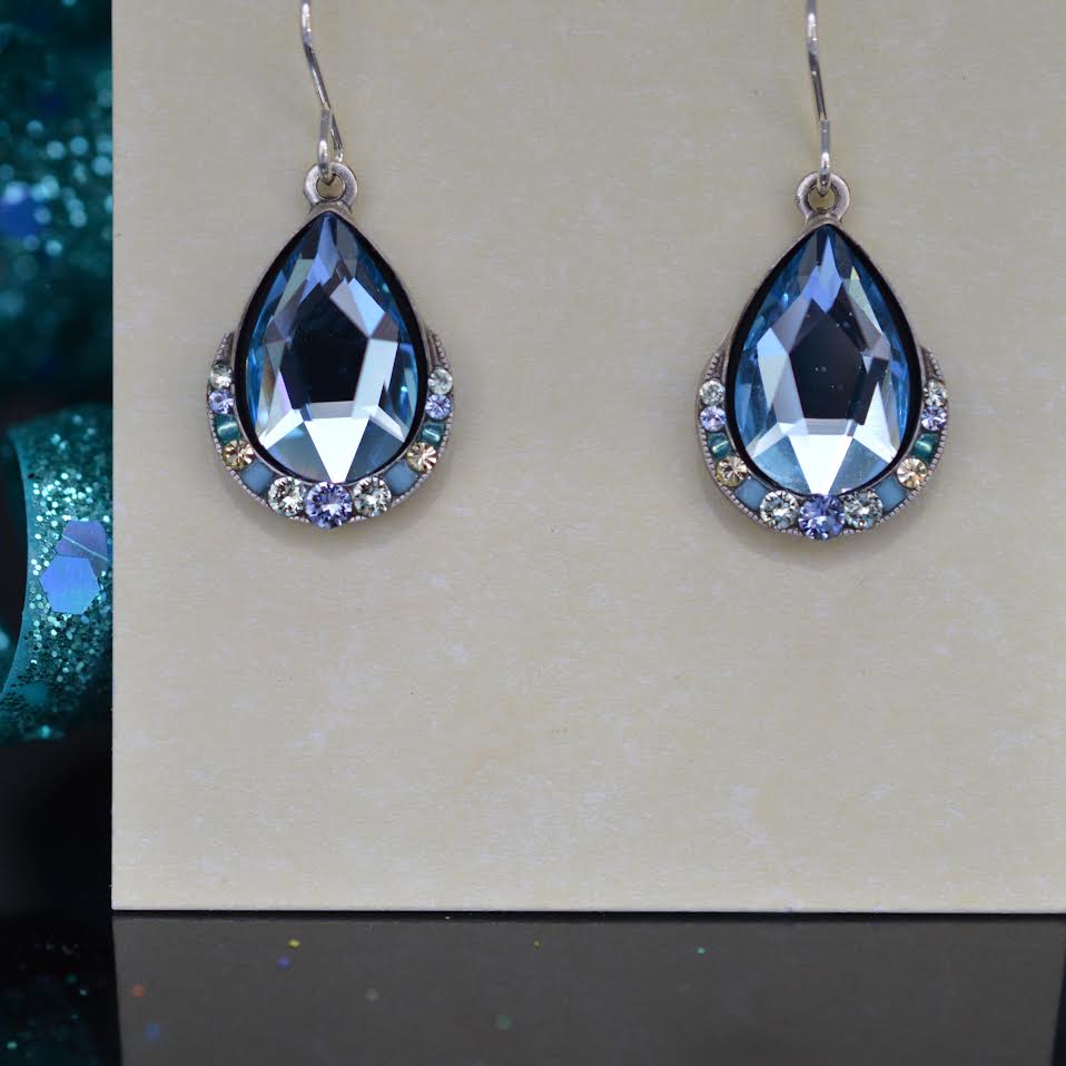 Antique Silver Plate Wide Simple Drop Earrings With Aqua Crystals By Firefly