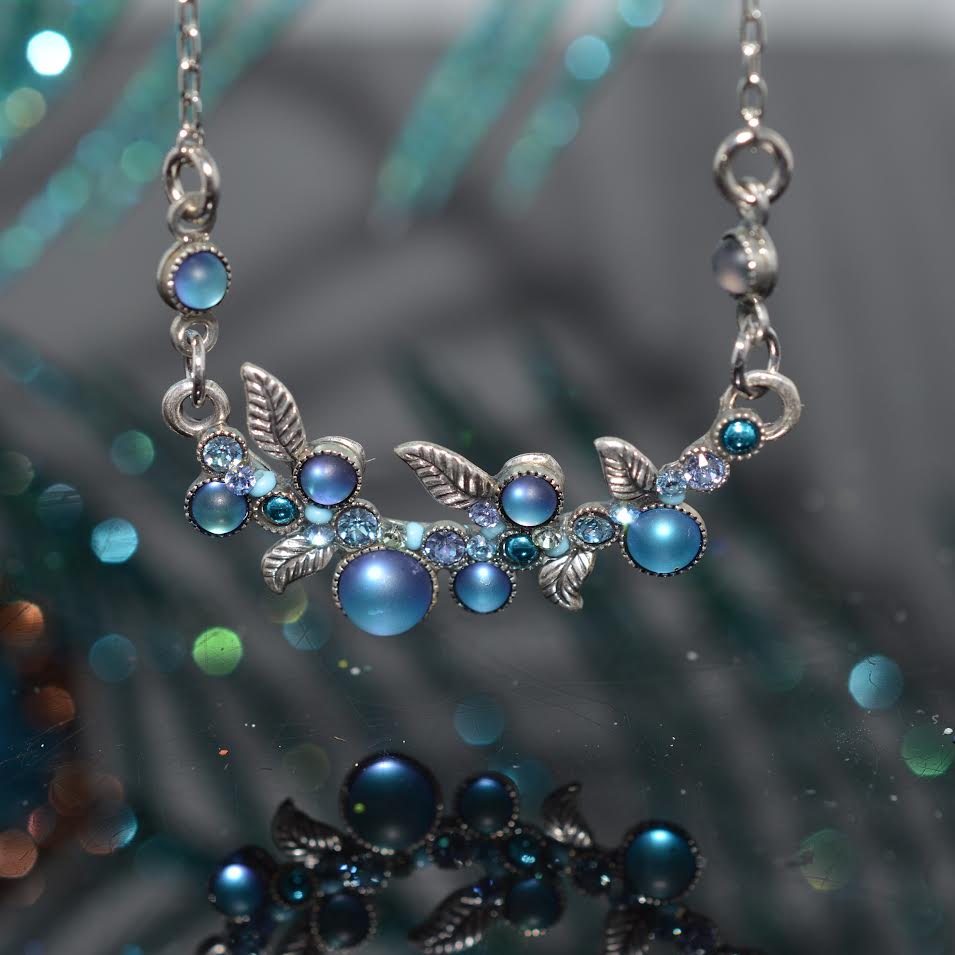 Antique Silver Plated Soft Round Light Blue Moonlight Crystal Scallop Necklace by Firefly
