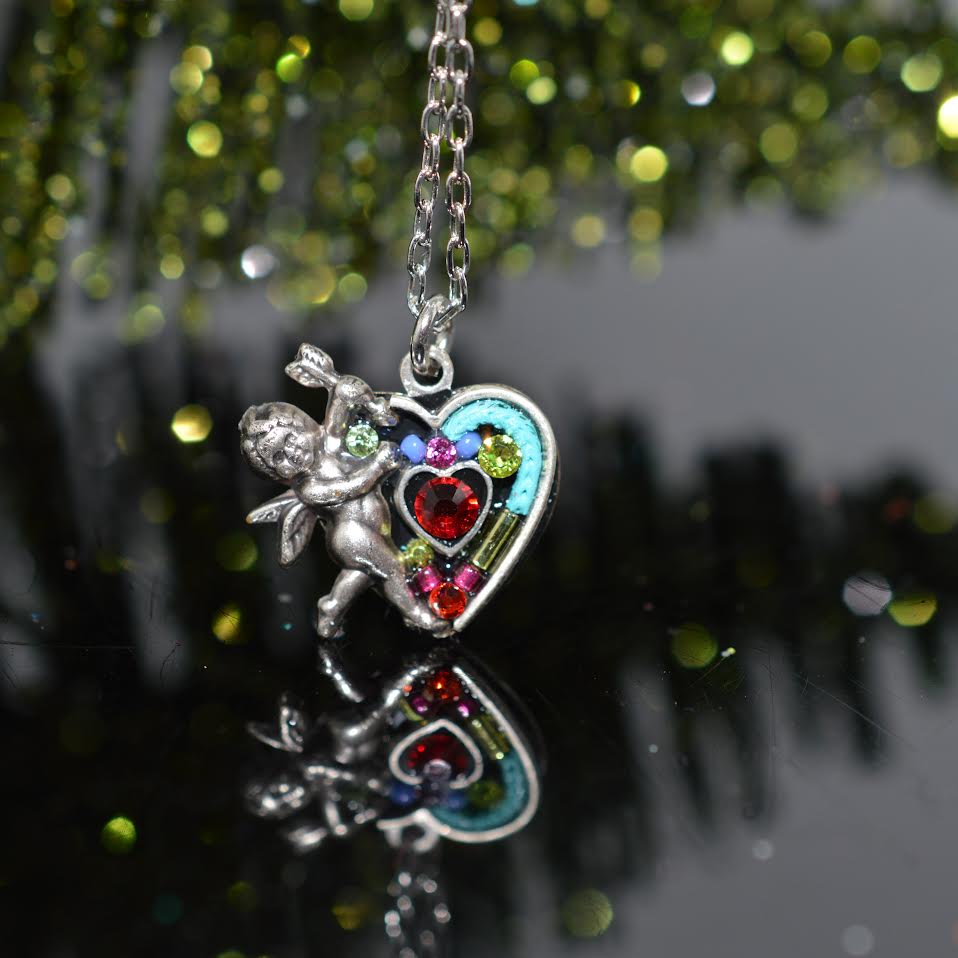 Antique Silver Plated Multi-Color Crystal Cupid And Heart Pendant by Firefly