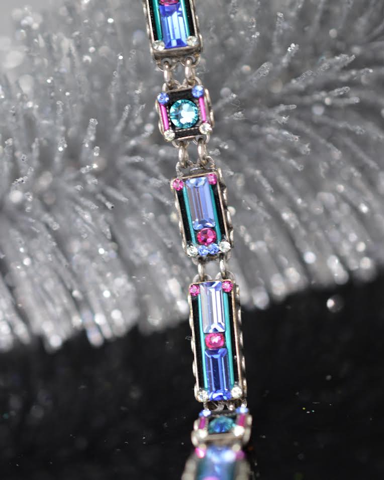 Antique Silver Plate Architectural Rectangle Bracelet With Light Turquoise Crystals by Firefly
