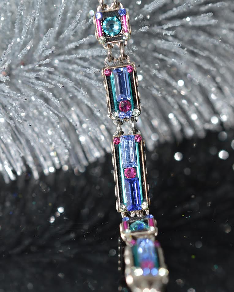Antique Silver Plate Architectural Rectangle Bracelet With Light Turquoise Crystals by Firefly