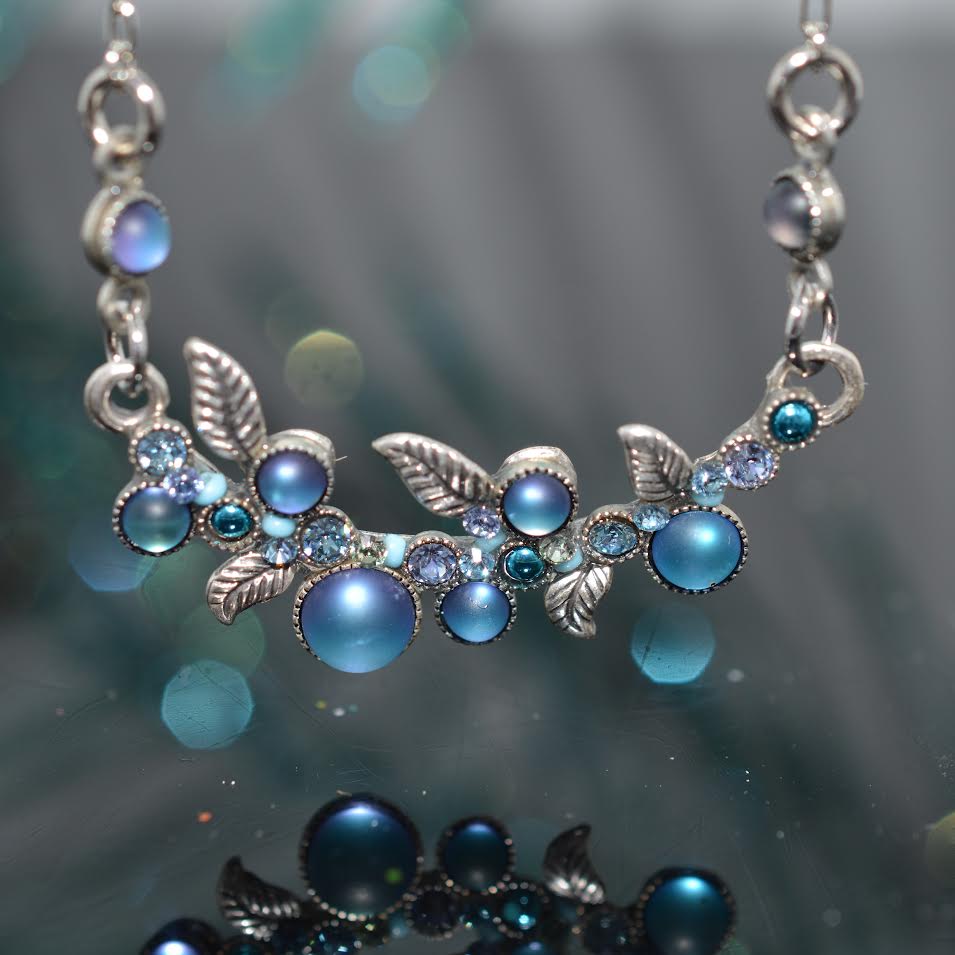 Antique Silver Plated Soft Round Light Blue Moonlight Crystal Scallop Necklace by Firefly