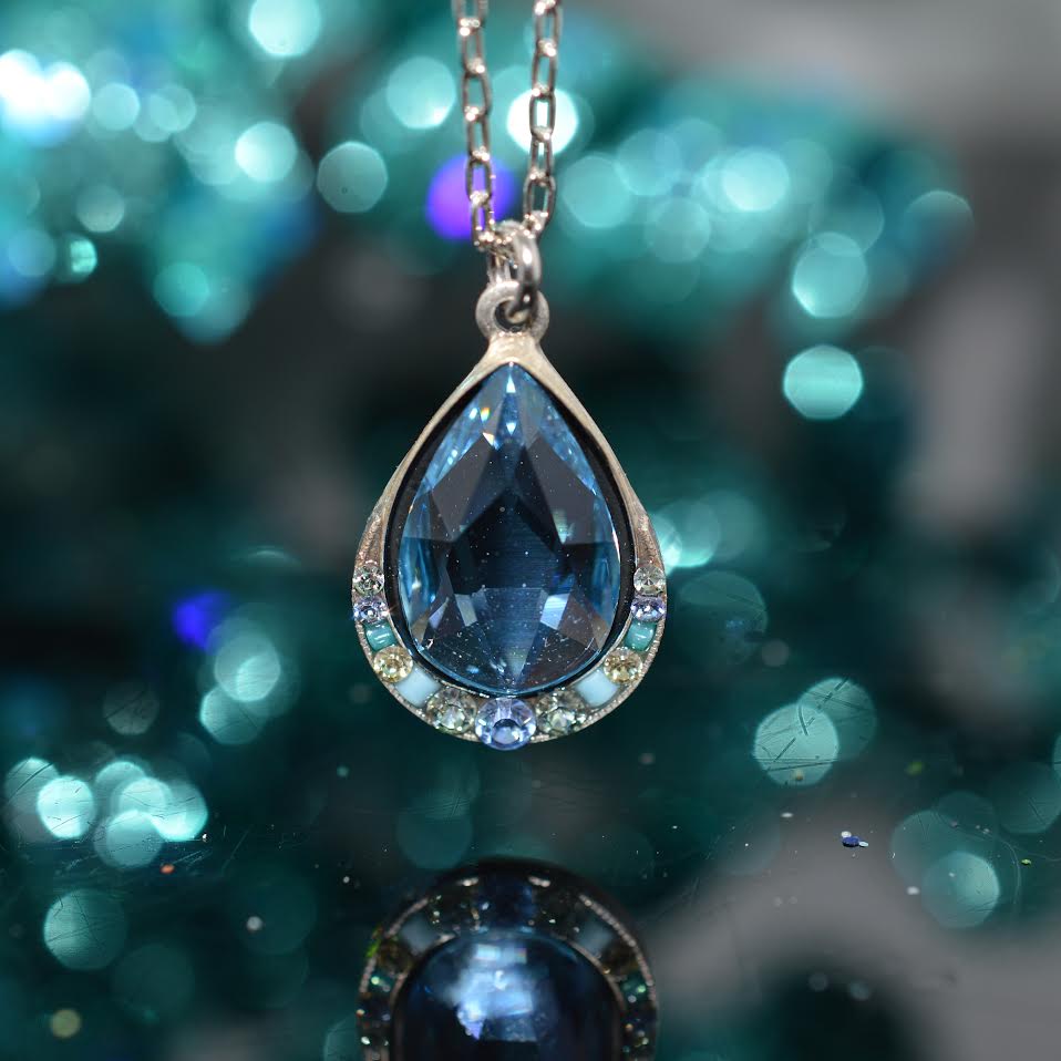Antique Silver Plated Aqua Crystal Carmel Simple Wide Drop Pendant by Firefly