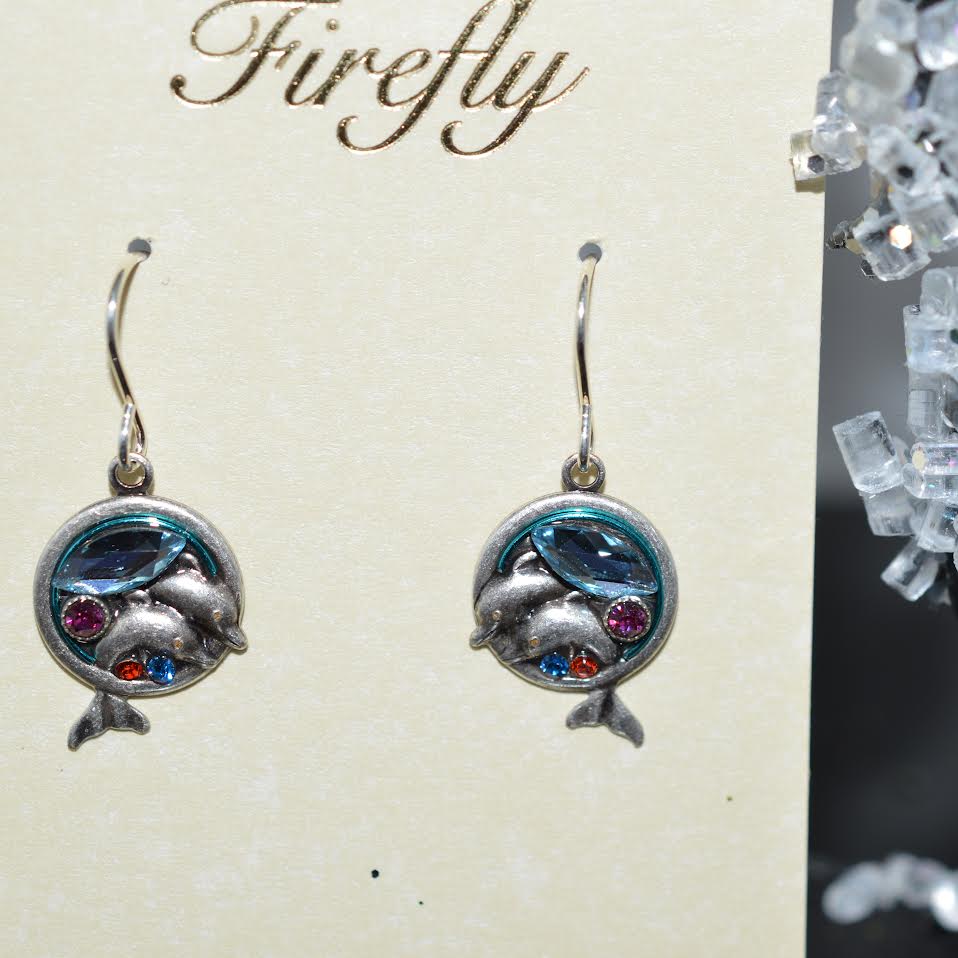 Antique Silver Plated Multi-Color Crystal Dolphin Earrings