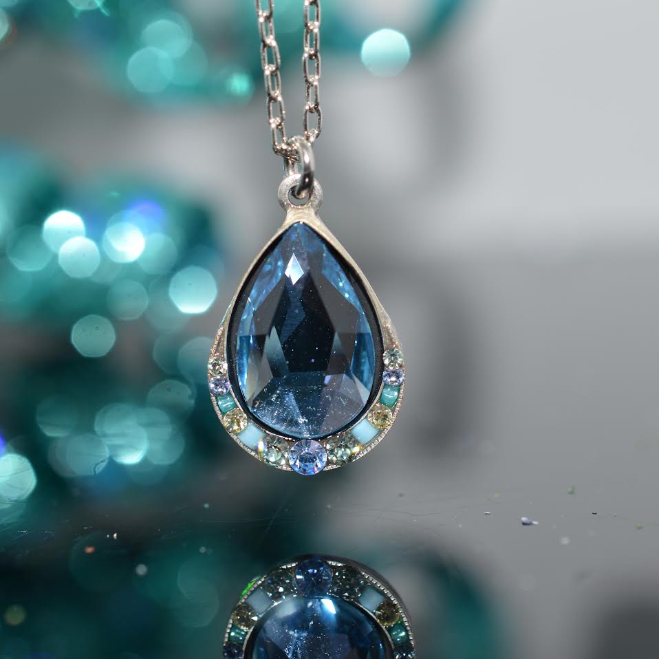 Antique Silver Plated Aqua Crystal Carmel Simple Wide Drop Pendant by Firefly