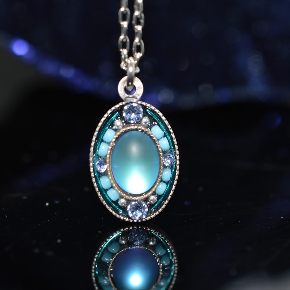 Antique Silver Plated Soft Light Blue Moonlight Crystal Pendant by Firefly