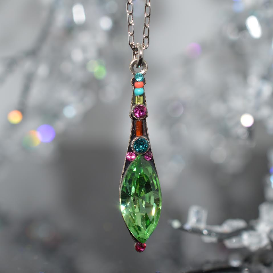 Antique Silver Plated Peridot Crystal Elongated Drop Pendant by Firefly