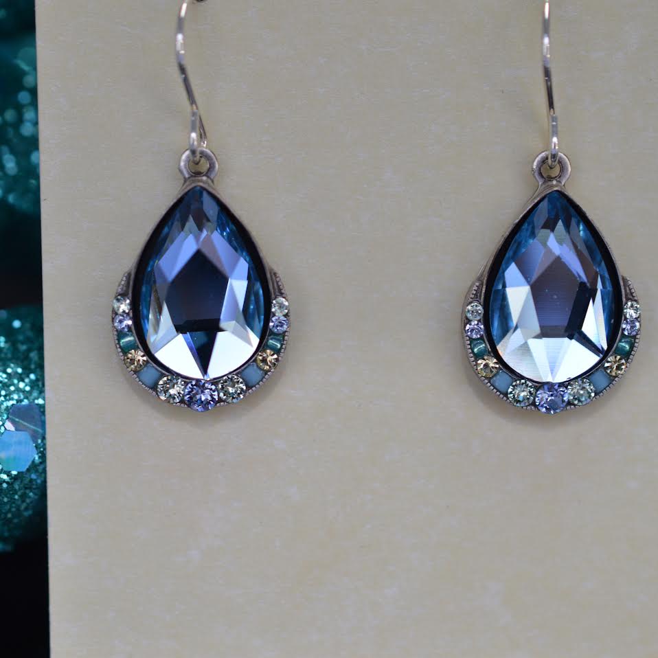 Antique Silver Plate Wide Simple Drop Earrings With Aqua Crystals By Firefly
