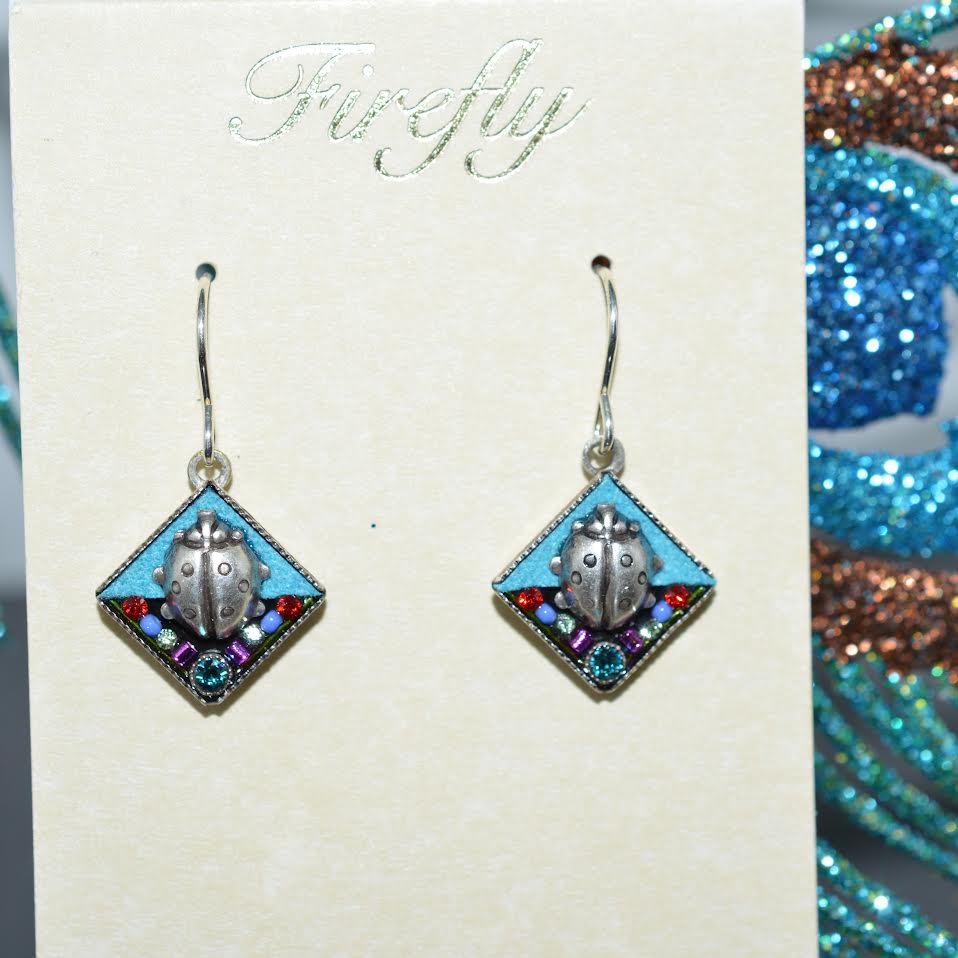 Antique Silver Plated Multi-Color Crystal Turquoise Blue Ladybug Earrings By Firefly