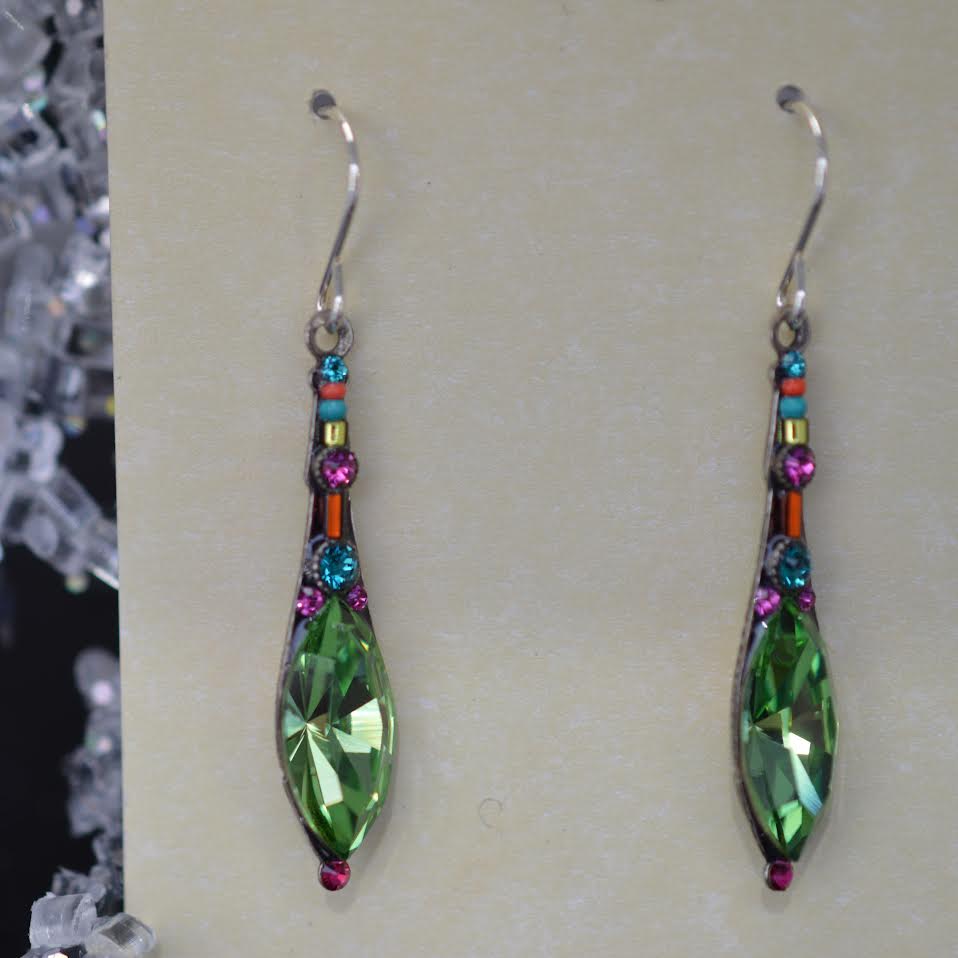 Antique Silver Plate Elongated Drop Earrings With Marquise Peridot Crystals By Firefly