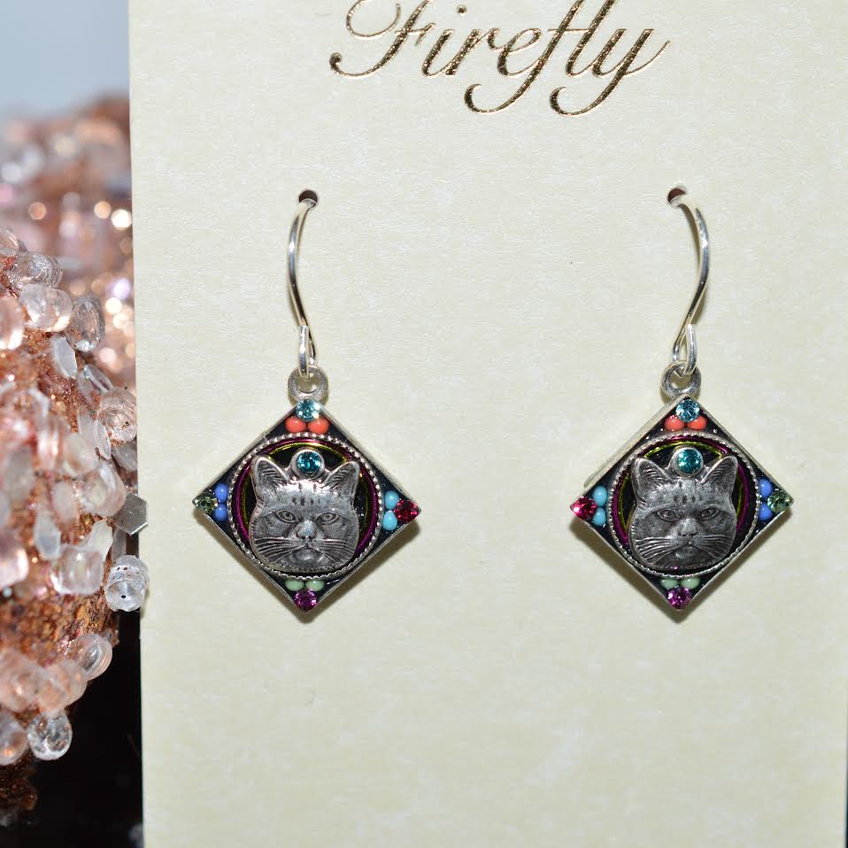 Antique Silver Plated Multi-Color Crystal Cat Earrings By Firefly