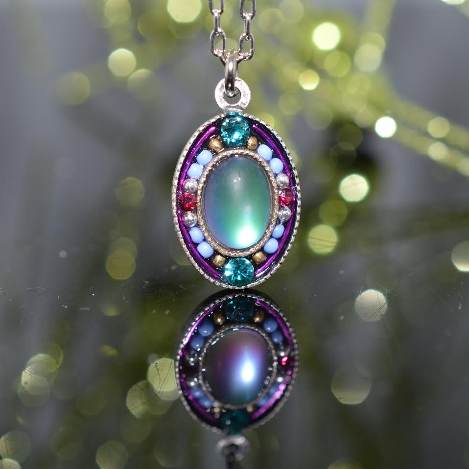 Antique Silver Plated Soft Emerald Green Moonlight Crystal Pendant by Firefly