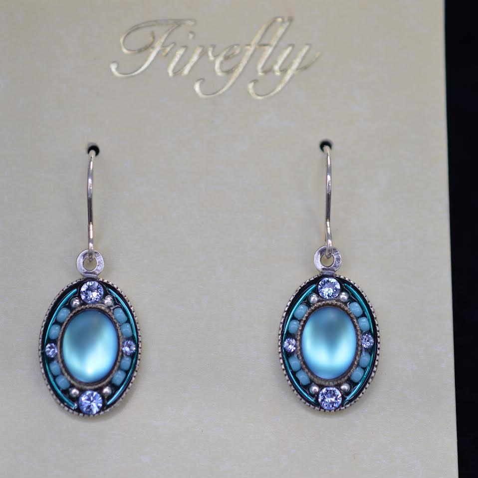 Antique Silver Plated Soft Light Blue Moonlight Crystal Earrings by Firefly