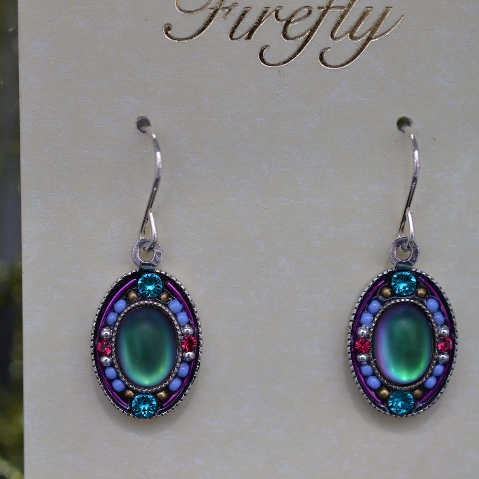 Antique Silver Plated Soft Emerald Green Moonlight Crystal Earrings by Firefly