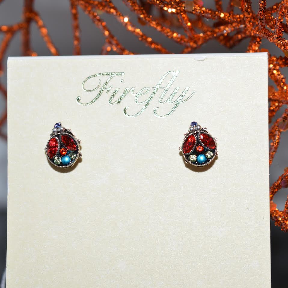 Antique Silver Plated Multi-Color Crystal Ladybug Stud Earrings By Firefly