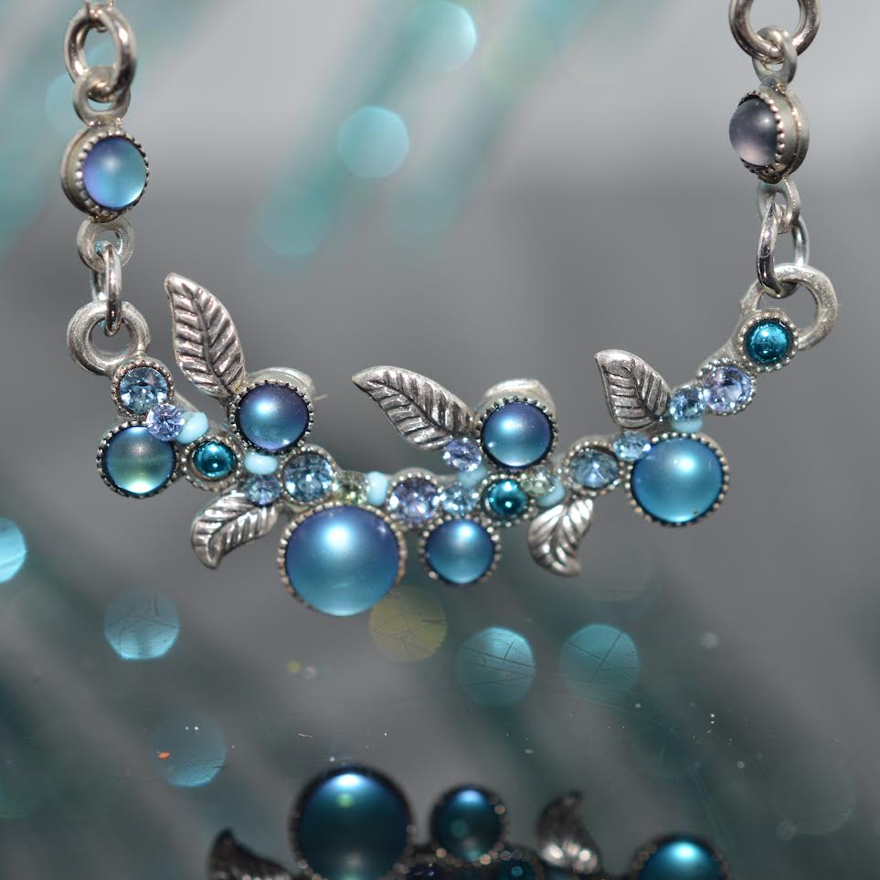Antique Silver Plated Soft Round Light Blue Moonlight Crystal Scallop Necklace by Firefly