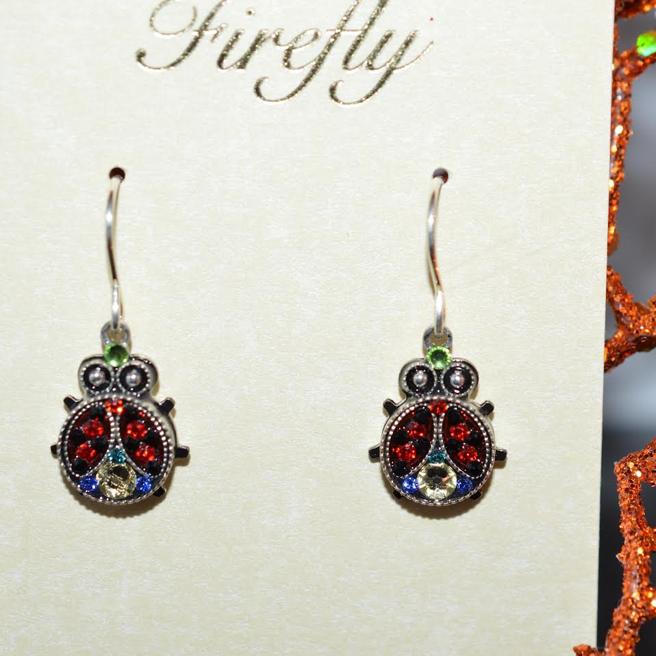 Antique Silver Plated Multi-Color Crystal Ladybug Earrings By Firefly