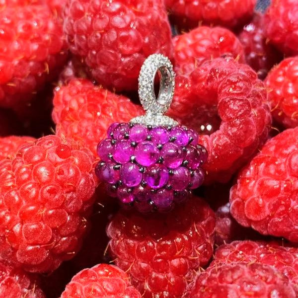 Stunning 18K White Gold Raspberry Charm With Rubies And Diamonds