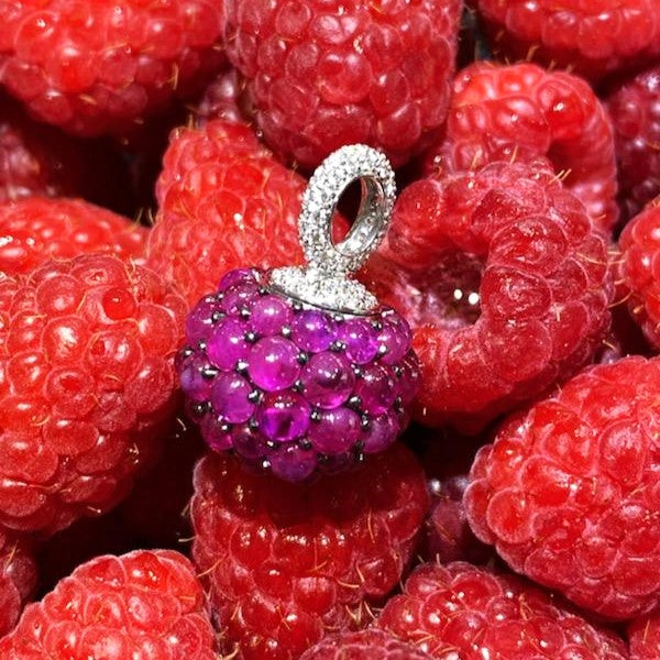 Stunning 18K White Gold Raspberry Charm With Rubies And Diamonds