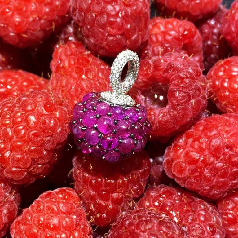 Stunning 18K White Gold Raspberry Charm With Rubies And Diamonds