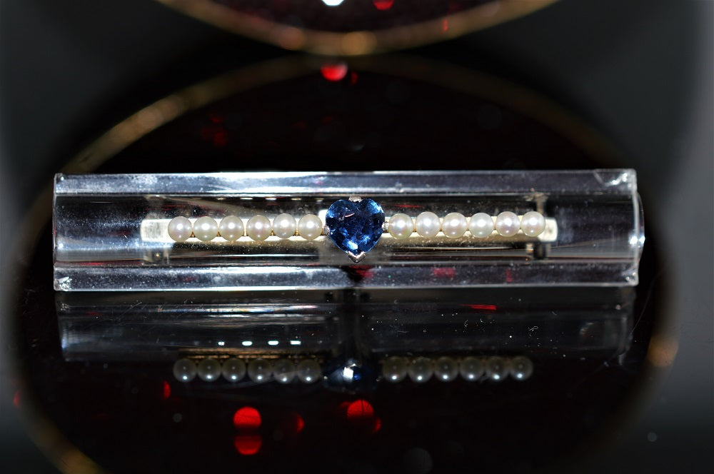 Pearl, Heart Cut Sapphire, and Lucite 14K White Gold Brooch