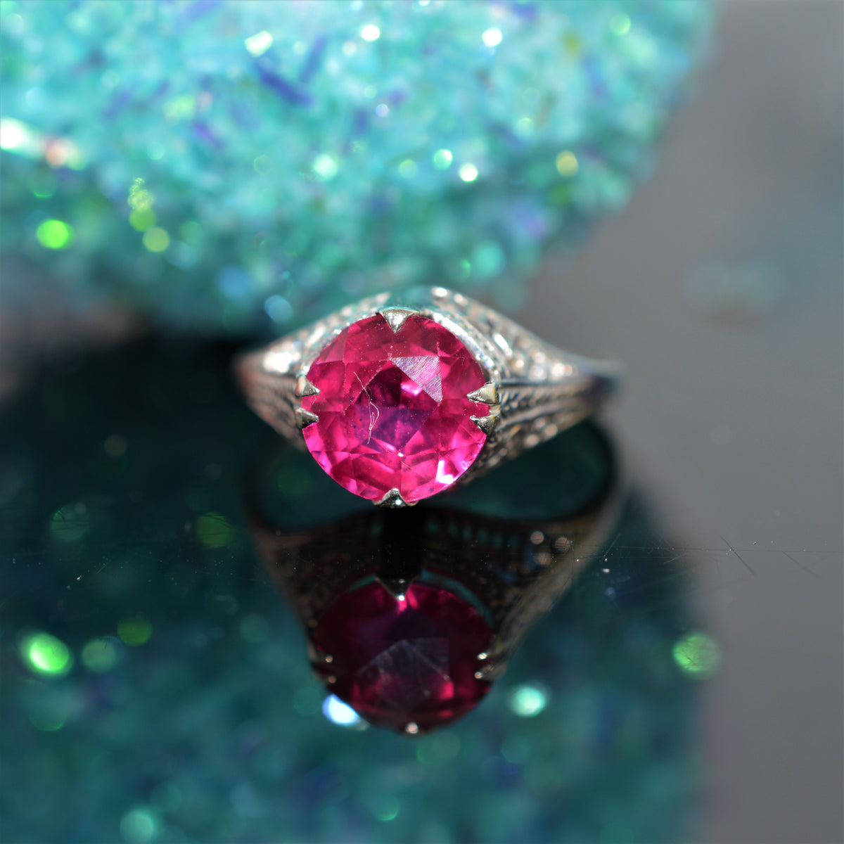 14k White Gold Antique Syn Ruby Ring