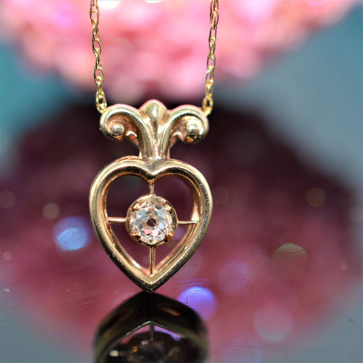 14K Yellow Gold Old Mine Cut Diamond Heart Pendant