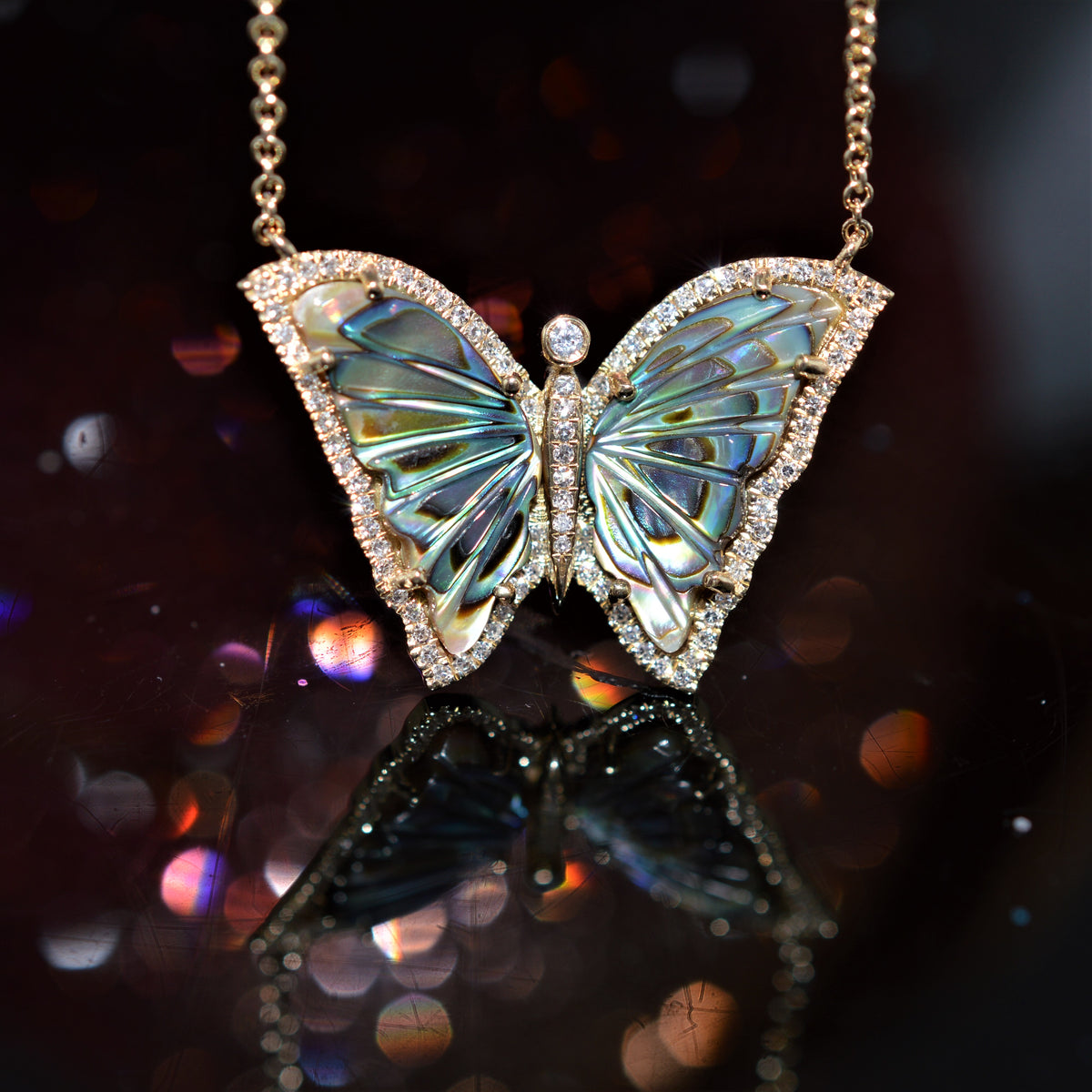 14K Yellow Gold Abalone And Diamond Butterfly Necklace